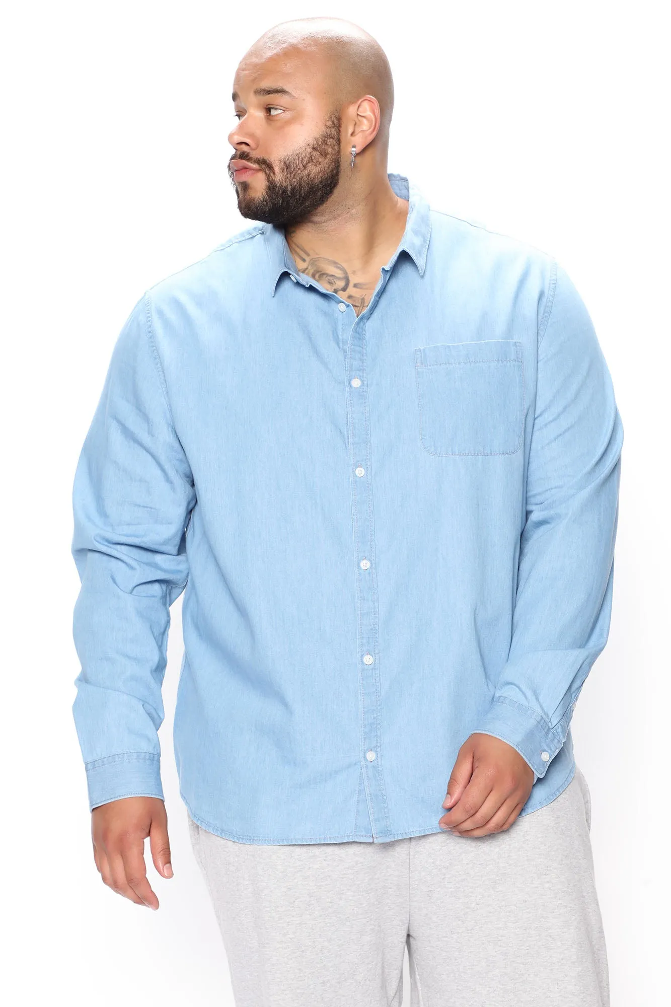 Basic Denim Long Sleeve Woven Top - Light Wash