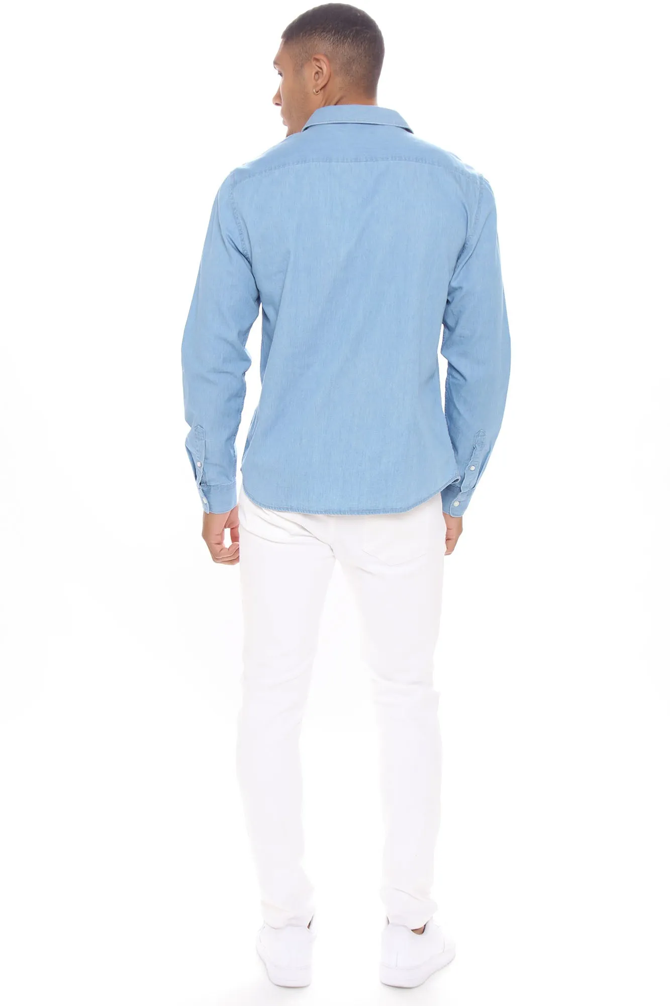 Basic Denim Long Sleeve Woven Top - Light Wash
