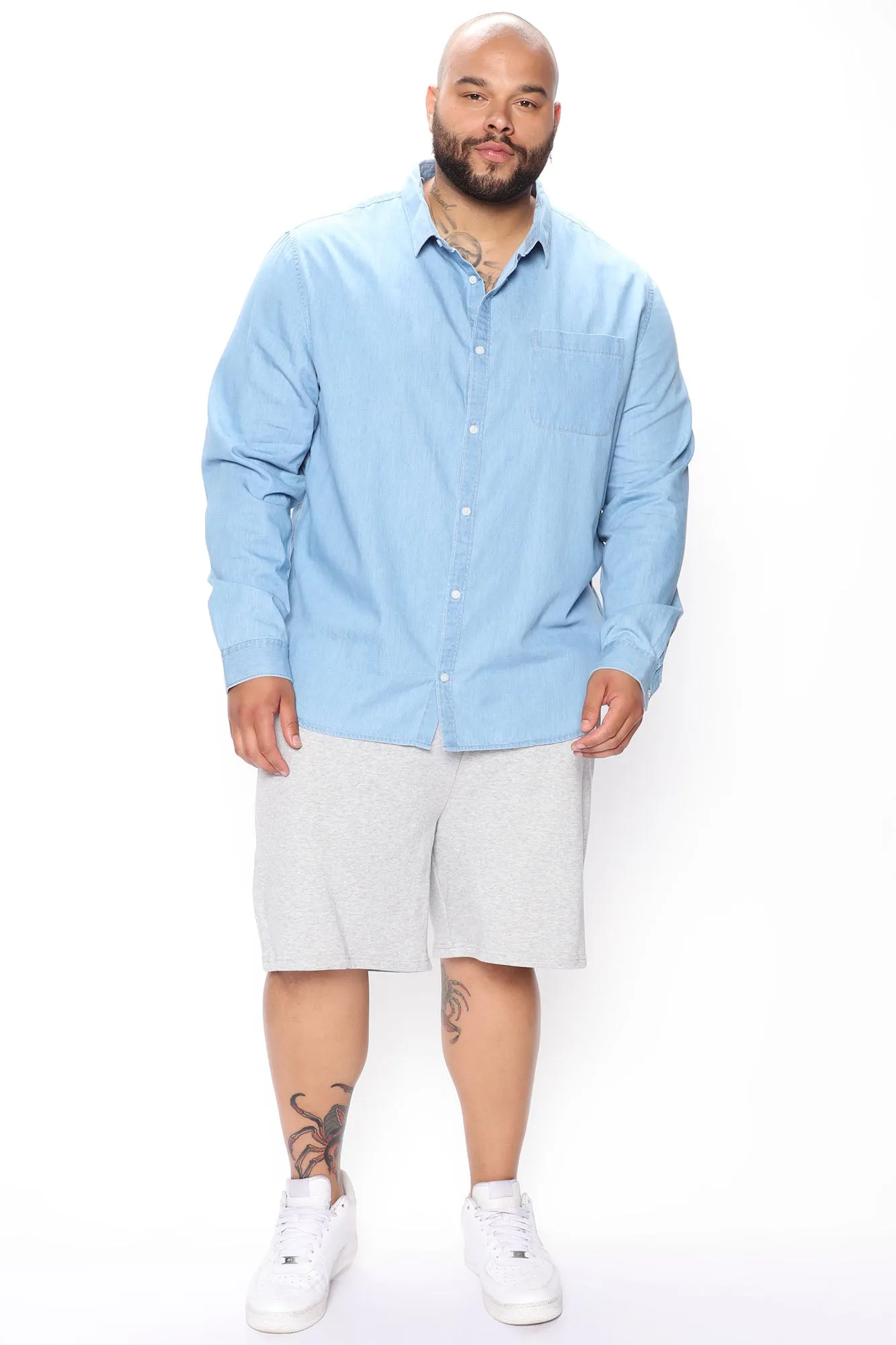 Basic Denim Long Sleeve Woven Top - Light Wash