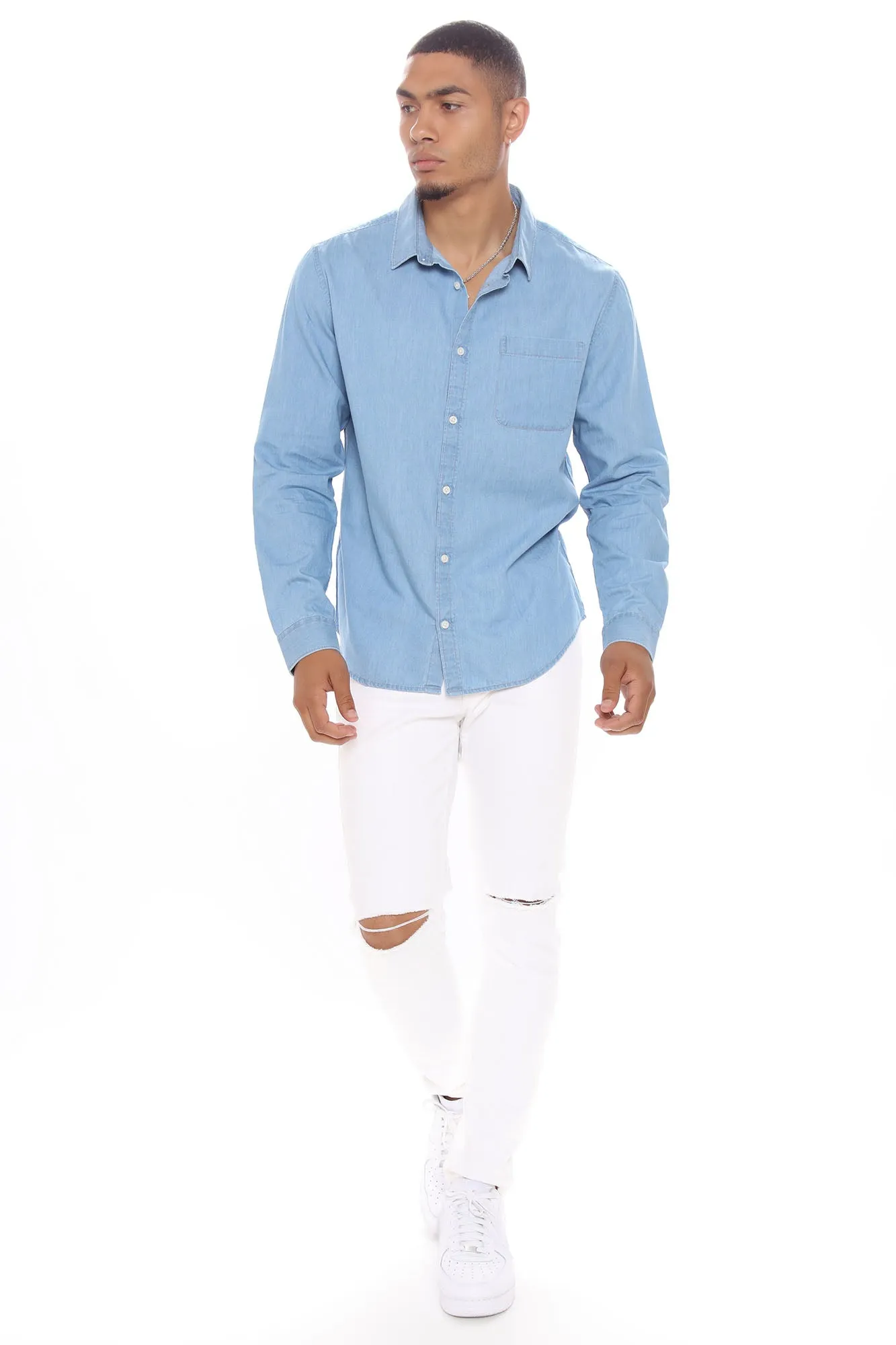 Basic Denim Long Sleeve Woven Top - Light Wash