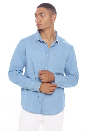 Basic Denim Long Sleeve Woven Top - Light Wash