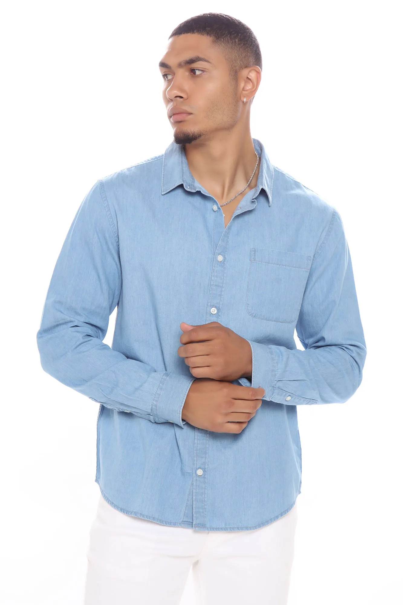 Basic Denim Long Sleeve Woven Top - Light Wash