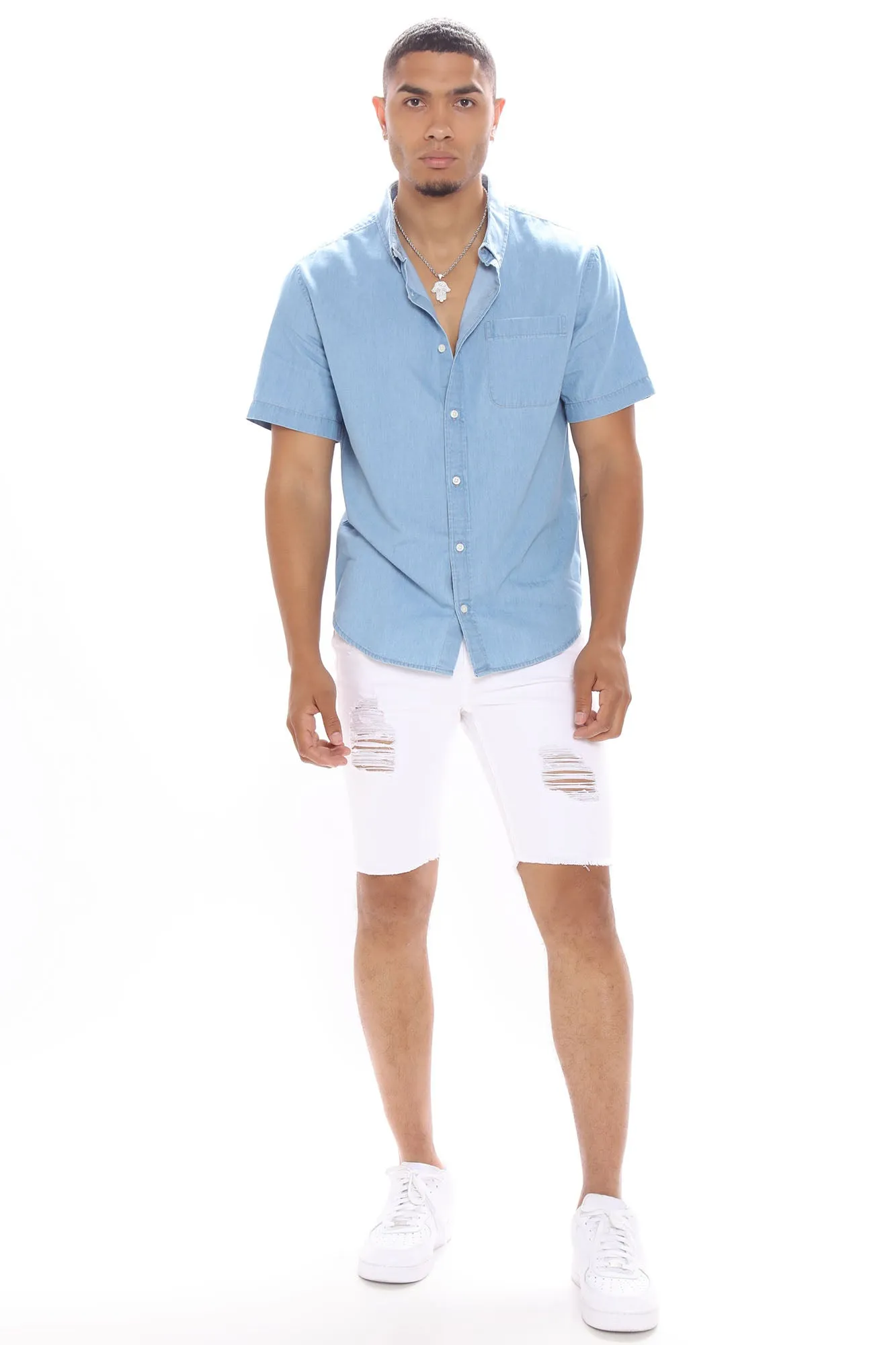 Basic Denim Short Sleeve Woven Top - Light Wash