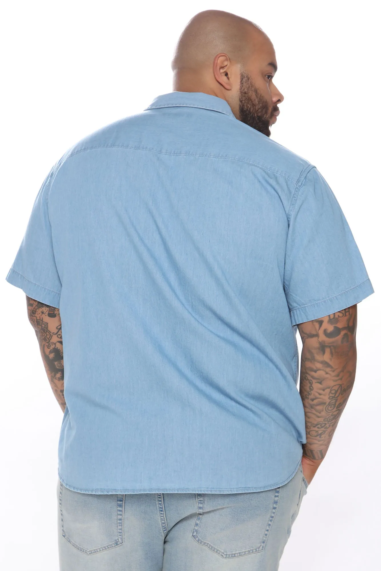 Basic Denim Short Sleeve Woven Top - Light Wash