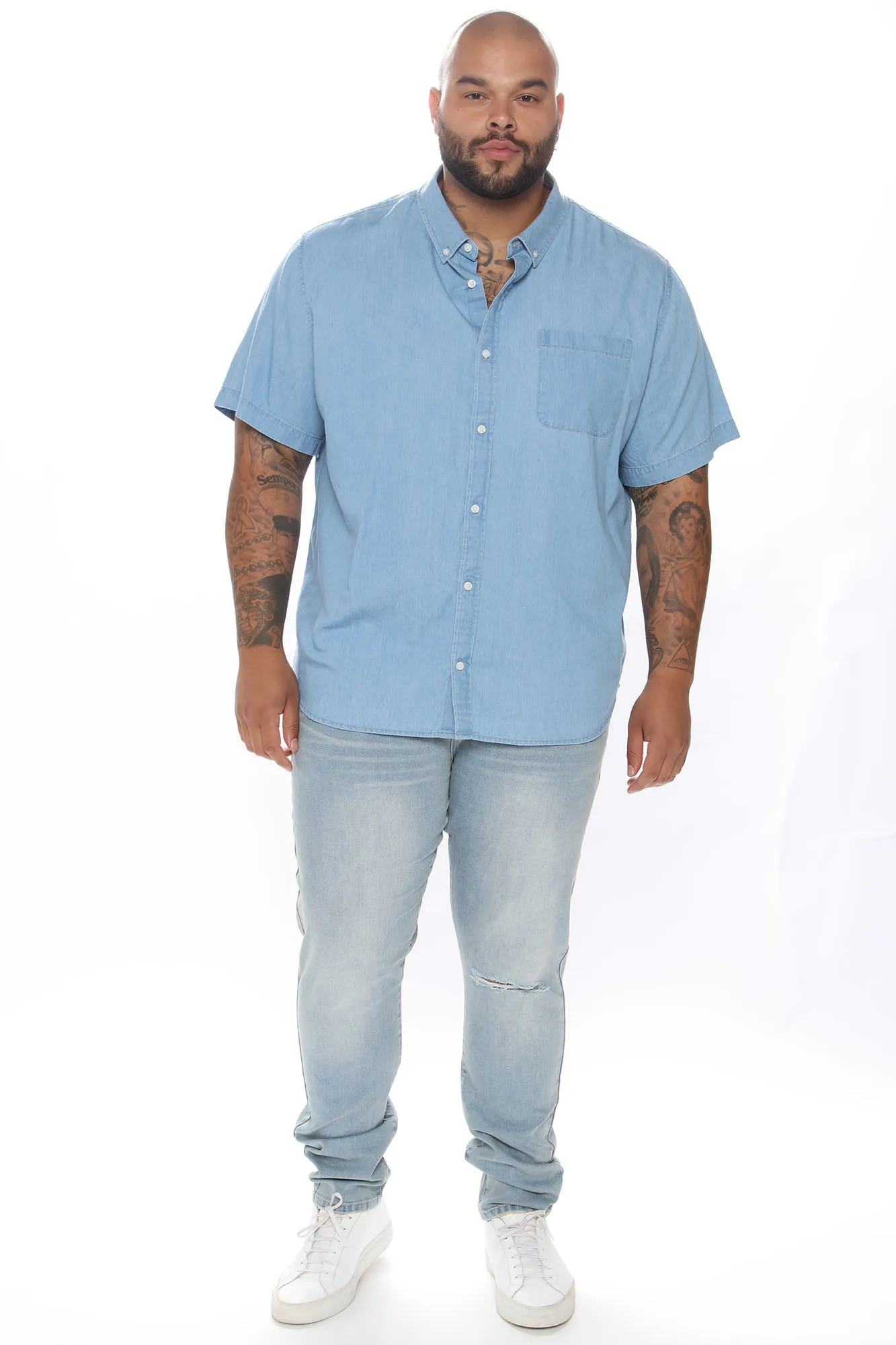 Basic Denim Short Sleeve Woven Top - Light Wash