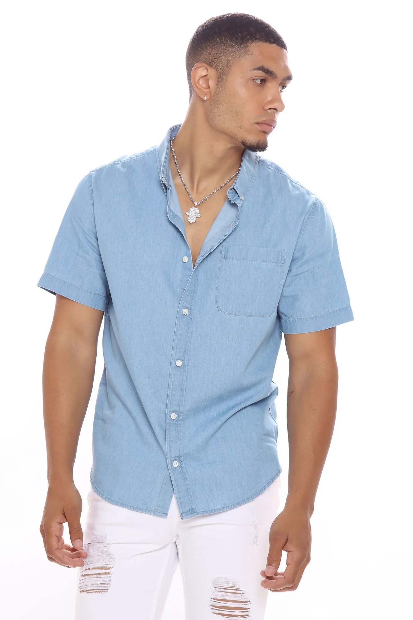 Basic Denim Short Sleeve Woven Top - Light Wash