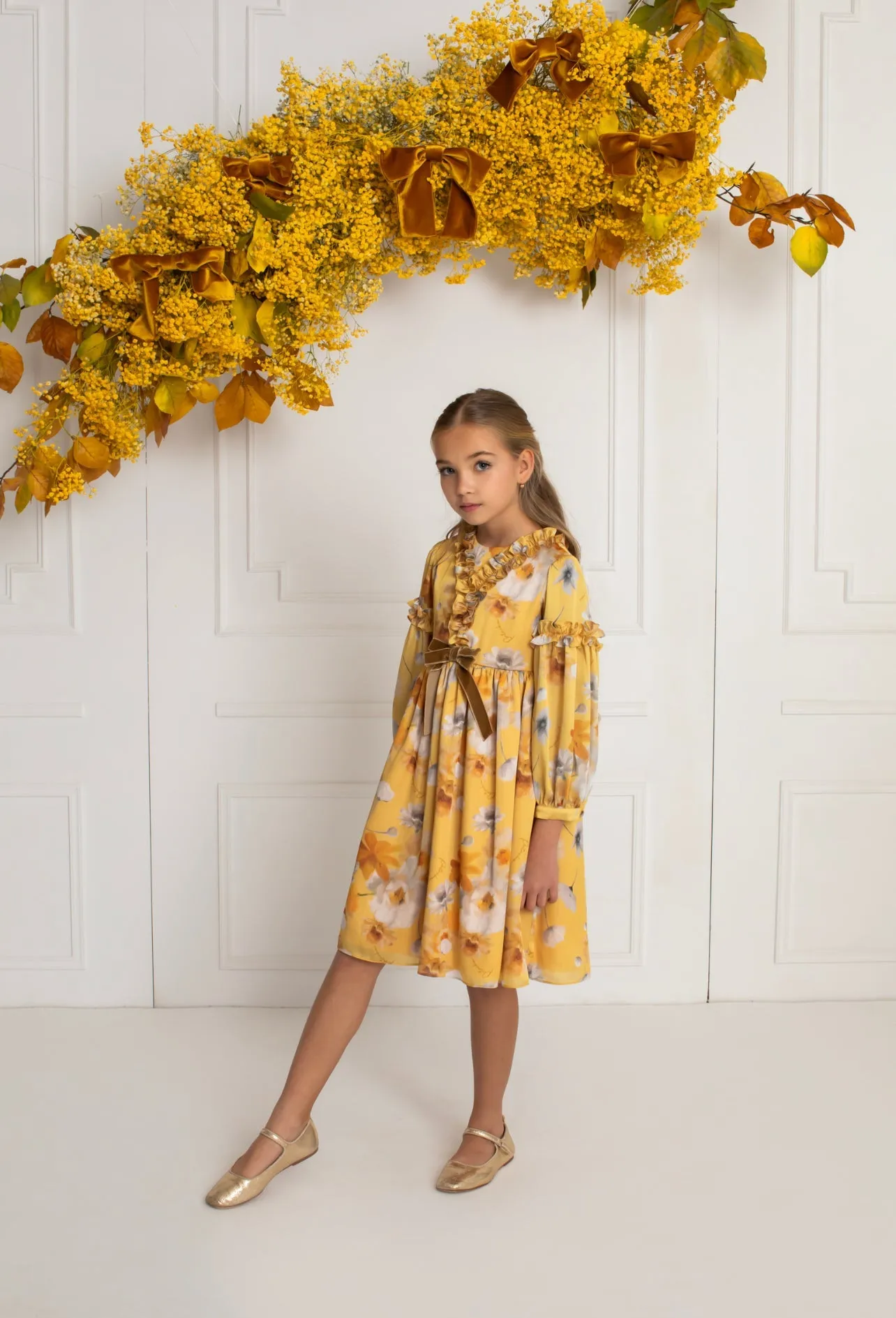 Beautiful Deep Yellow floral print  chiffon dress with ruffle and Bow