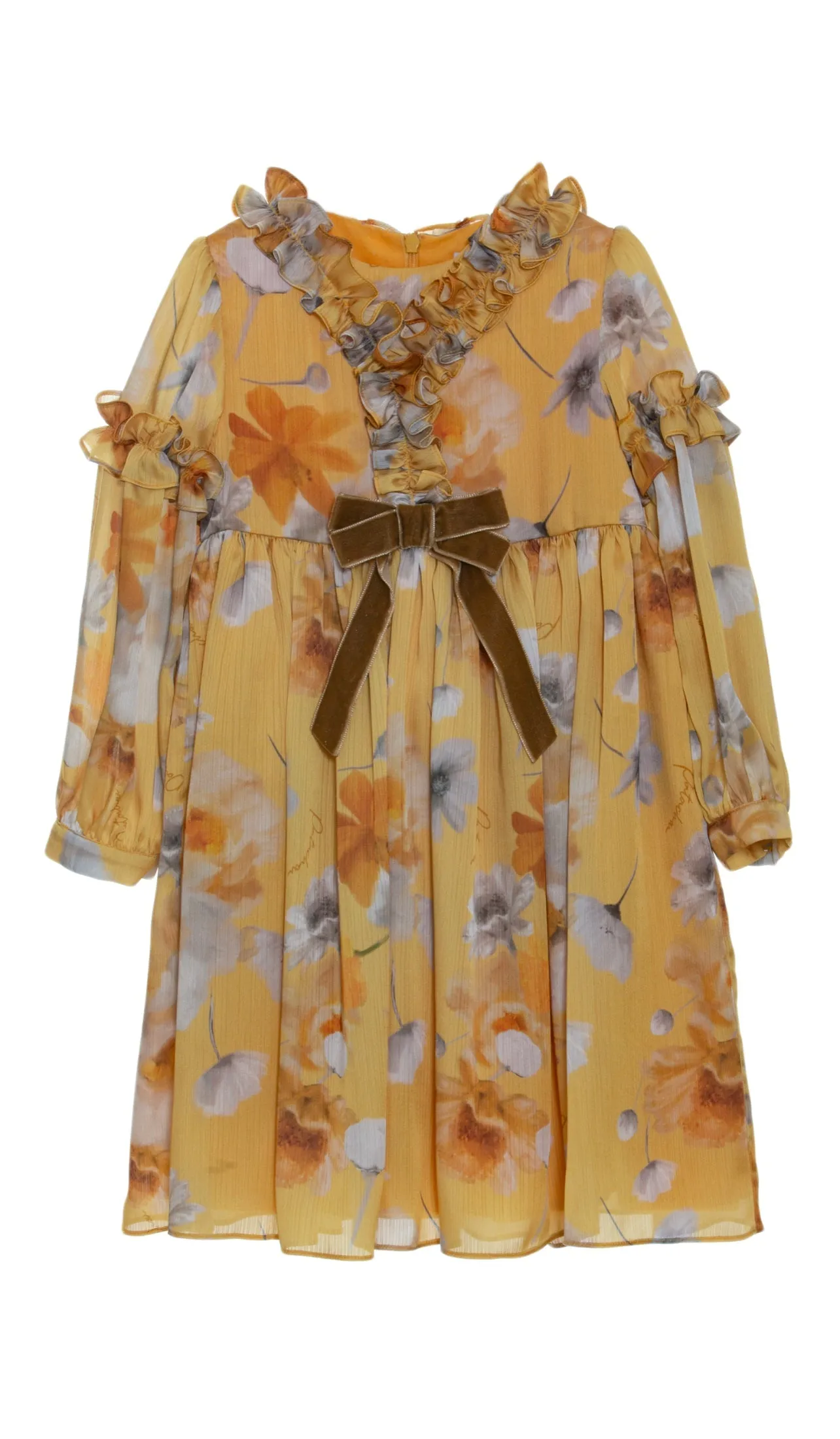Beautiful Deep Yellow floral print  chiffon dress with ruffle and Bow