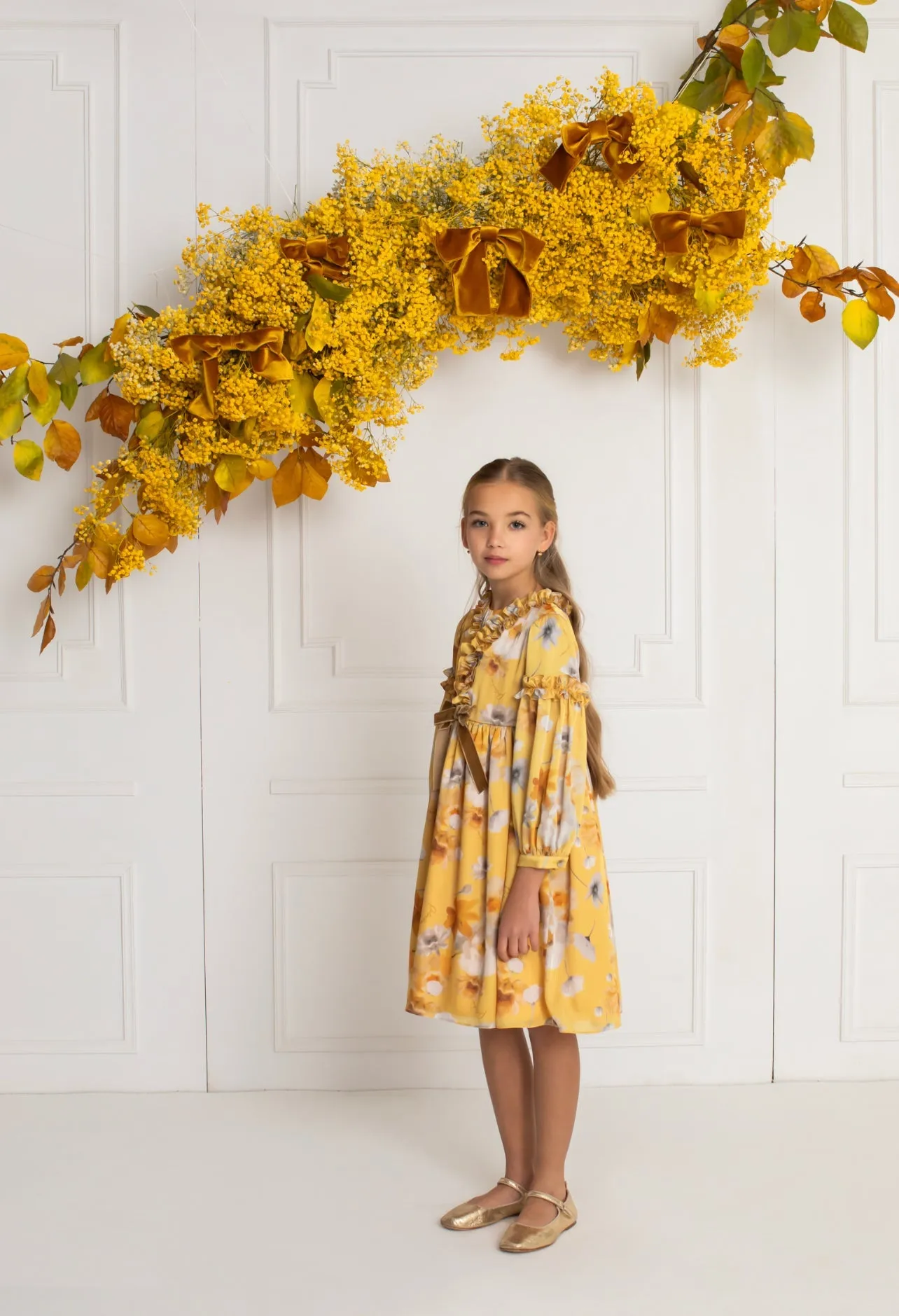 Beautiful Deep Yellow floral print  chiffon dress with ruffle and Bow