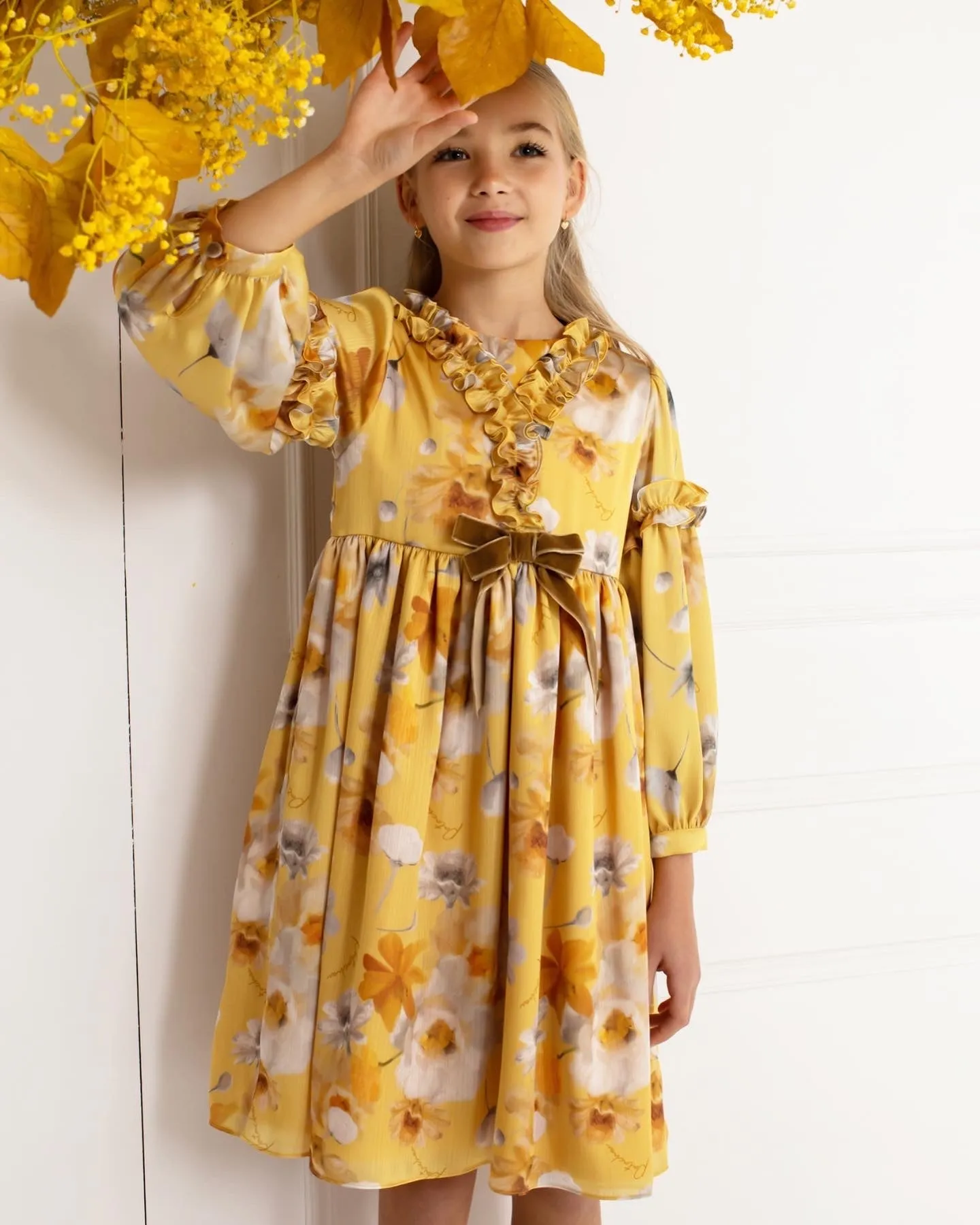 Beautiful Deep Yellow floral print  chiffon dress with ruffle and Bow