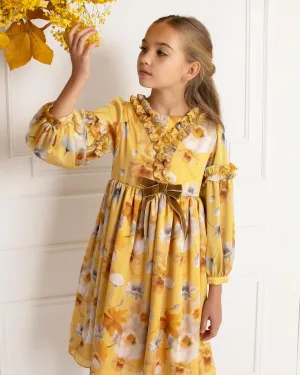 Beautiful Deep Yellow floral print  chiffon dress with ruffle and Bow