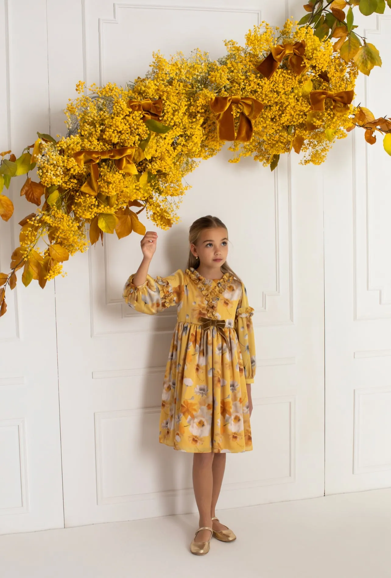 Beautiful Deep Yellow floral print  chiffon dress with ruffle and Bow