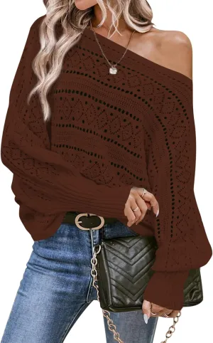 Cakulo Womens Off The Shoulder Sweater Top Fall 2025 Oversized Knit Batwing Long Sleeve Crochet Pullover Sweaters