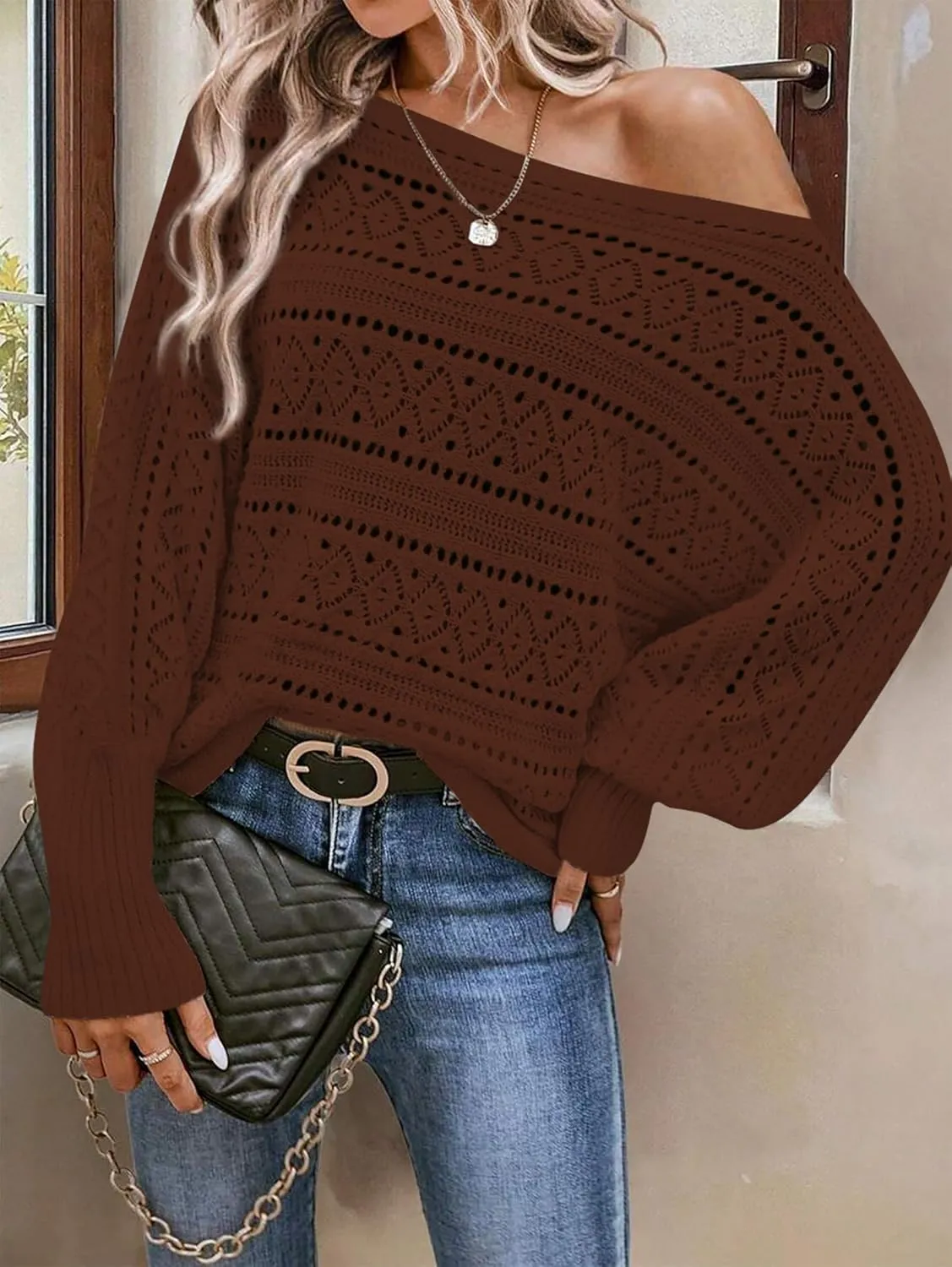 Cakulo Womens Off The Shoulder Sweater Top Fall 2025 Oversized Knit Batwing Long Sleeve Crochet Pullover Sweaters