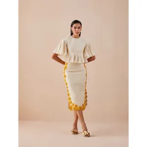 CHANDRIMA Ivory Quilted Sunflower Midi Skirt
