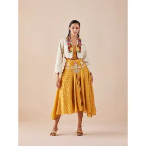 CHANDRIMA Yellow Printed Yoke Detail Skirt