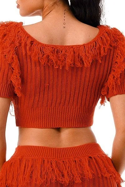 Chic Cable Knit Short Sleeve Fringe Crop Top and Pants Set