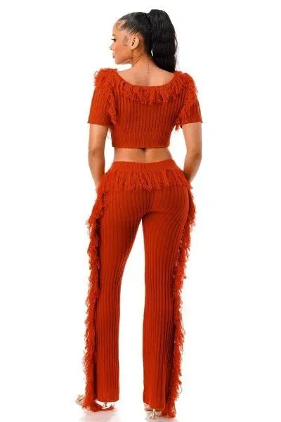 Chic Cable Knit Short Sleeve Fringe Crop Top and Pants Set