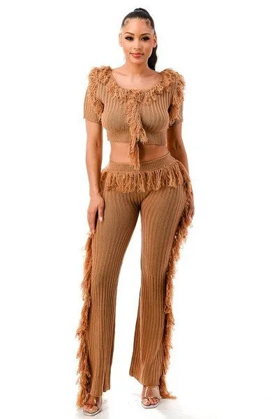 Chic Cable Knit Short Sleeve Fringe Crop Top and Pants Set