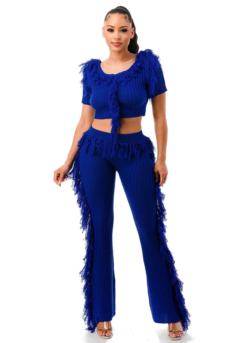 Chic Cable Knit Short Sleeve Fringe Crop Top and Pants Set