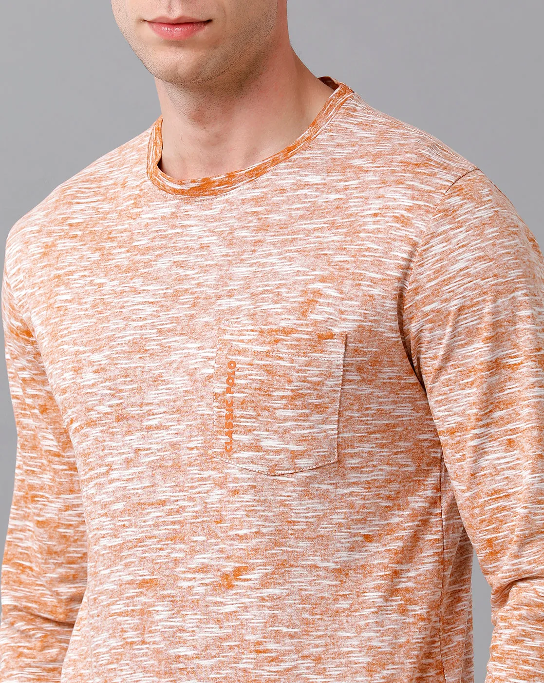 Classic Polo Men's Cotton Self Design Full Sleeve Slim Fit Round Neck Peach Color T-Shirt | Baleno Fs - 481 B