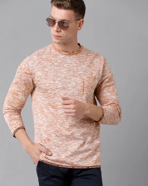 Classic Polo Men's Cotton Self Design Full Sleeve Slim Fit Round Neck Peach Color T-Shirt | Baleno Fs - 481 B