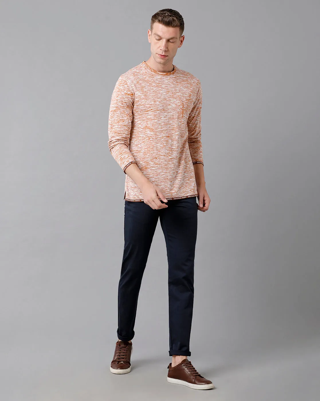 Classic Polo Men's Cotton Self Design Full Sleeve Slim Fit Round Neck Peach Color T-Shirt | Baleno Fs - 481 B