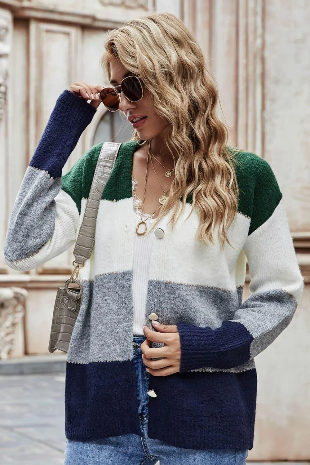 Color Block V-Neck Button Down Cardigan, Multiple Colors