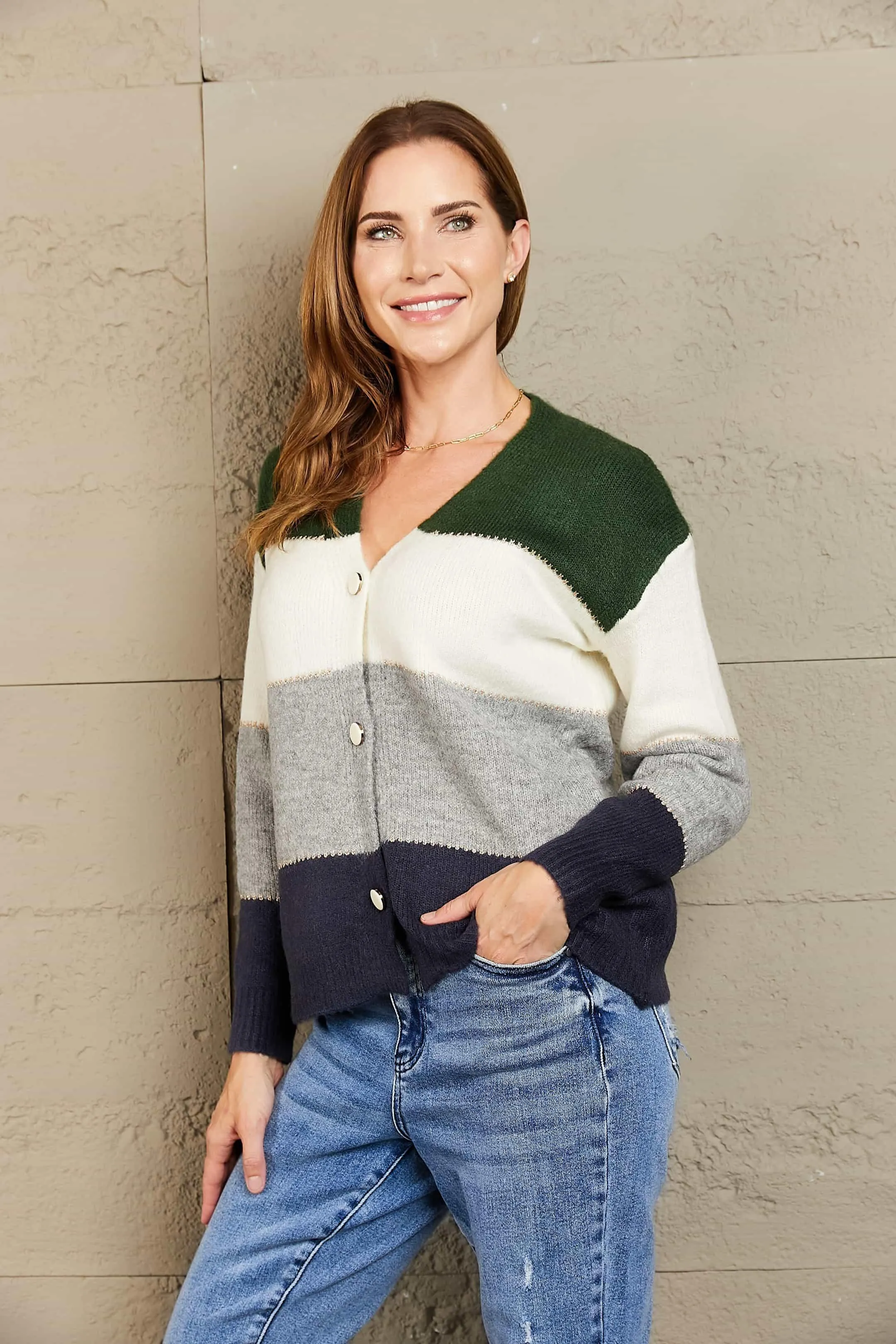 Color Block V-Neck Button Down Cardigan, Multiple Colors