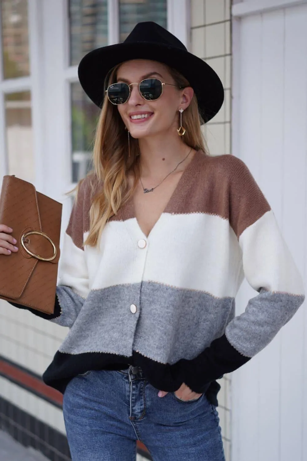 Color Block V-Neck Button Down Cardigan, Multiple Colors