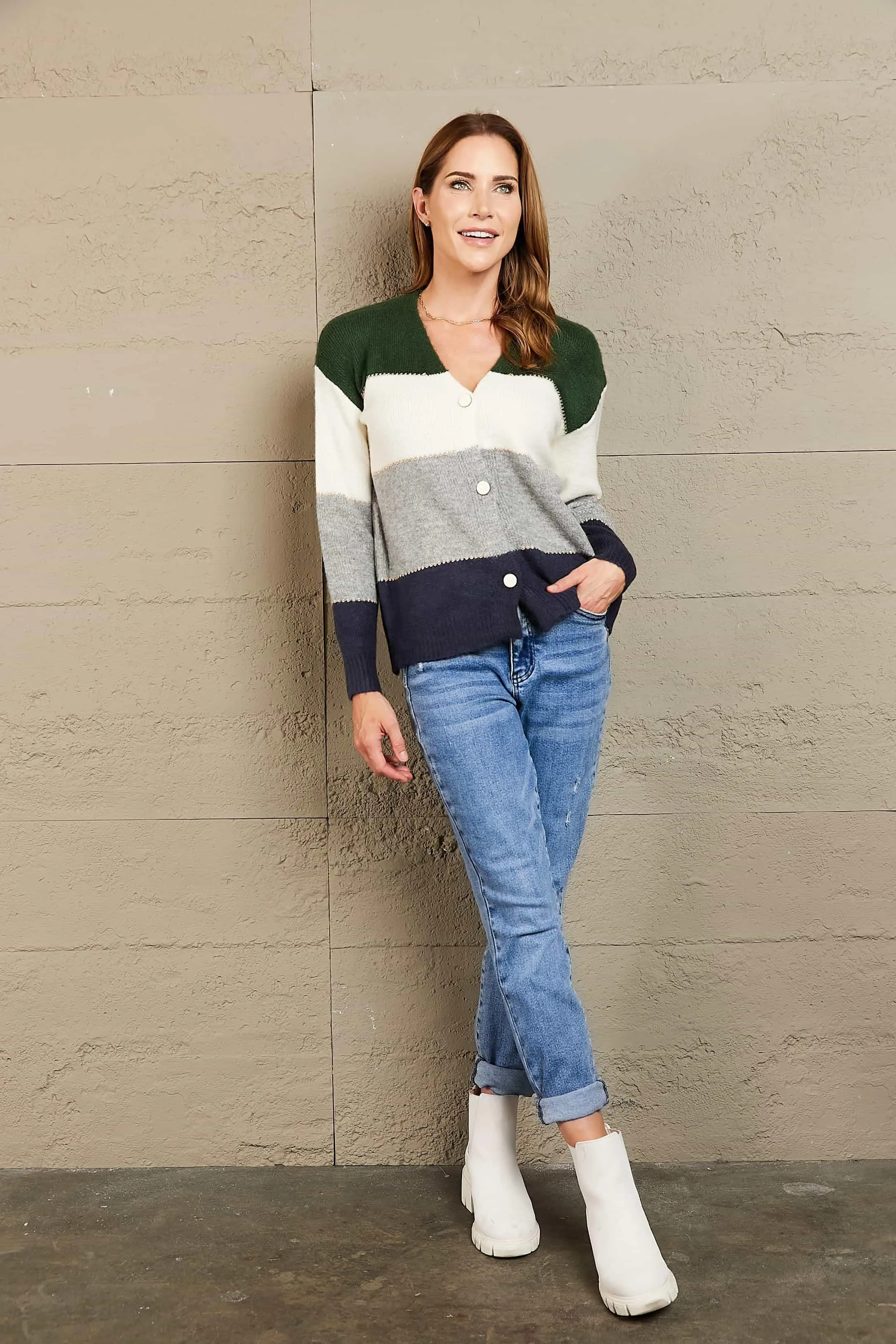 Color Block V-Neck Button Down Cardigan, Multiple Colors