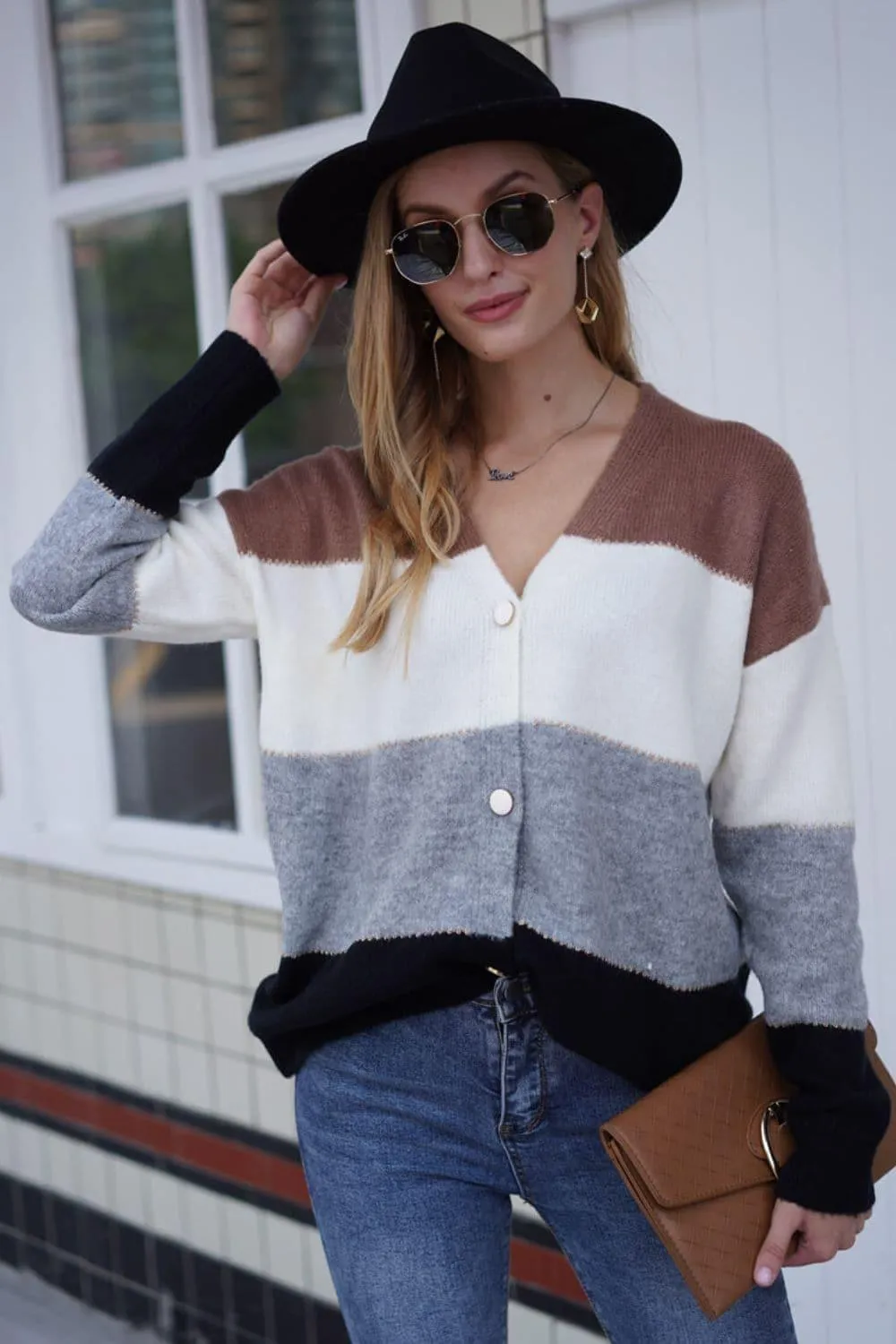 Color Block V-Neck Button Down Cardigan, Multiple Colors