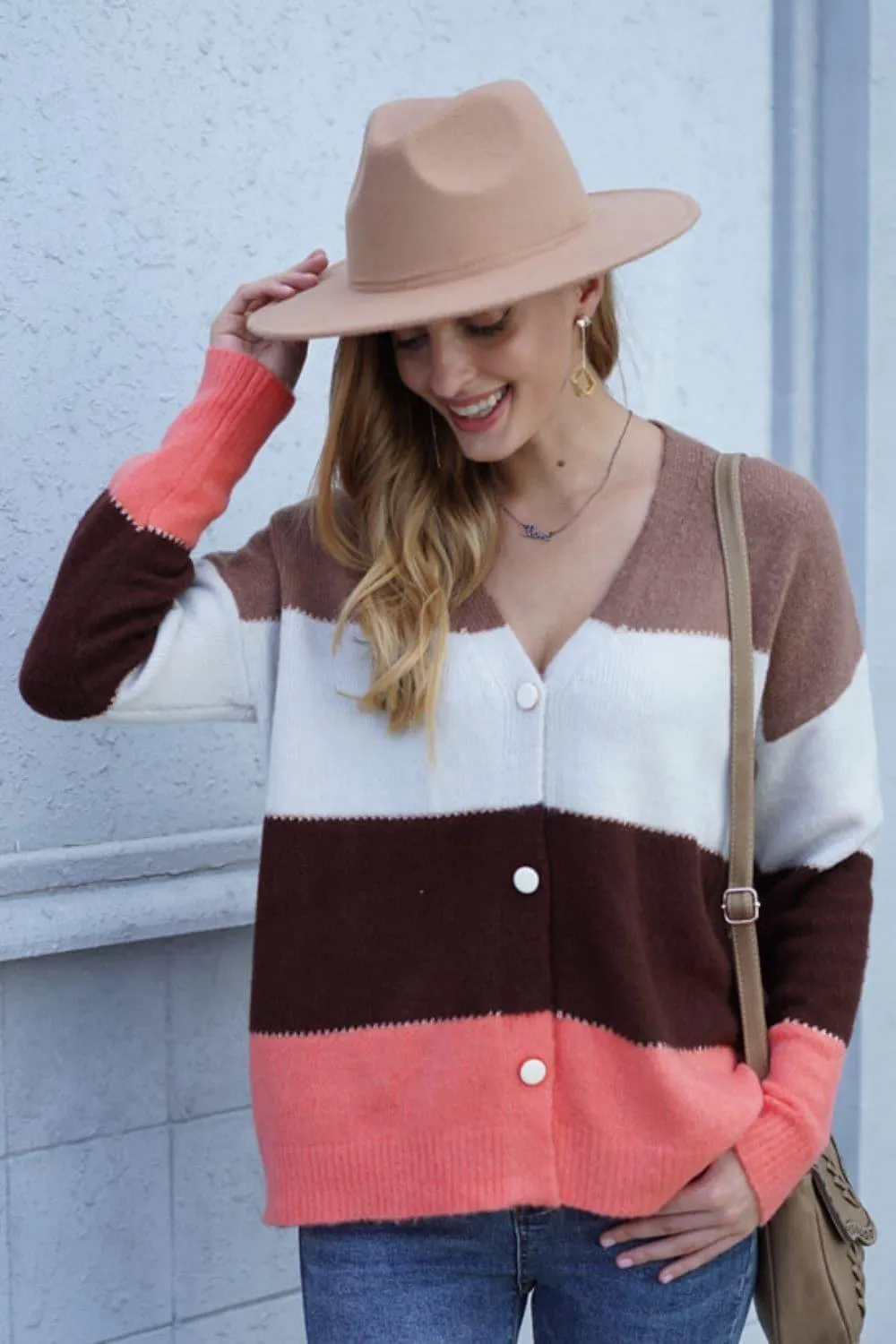 Color Block V-Neck Button Down Cardigan, Multiple Colors