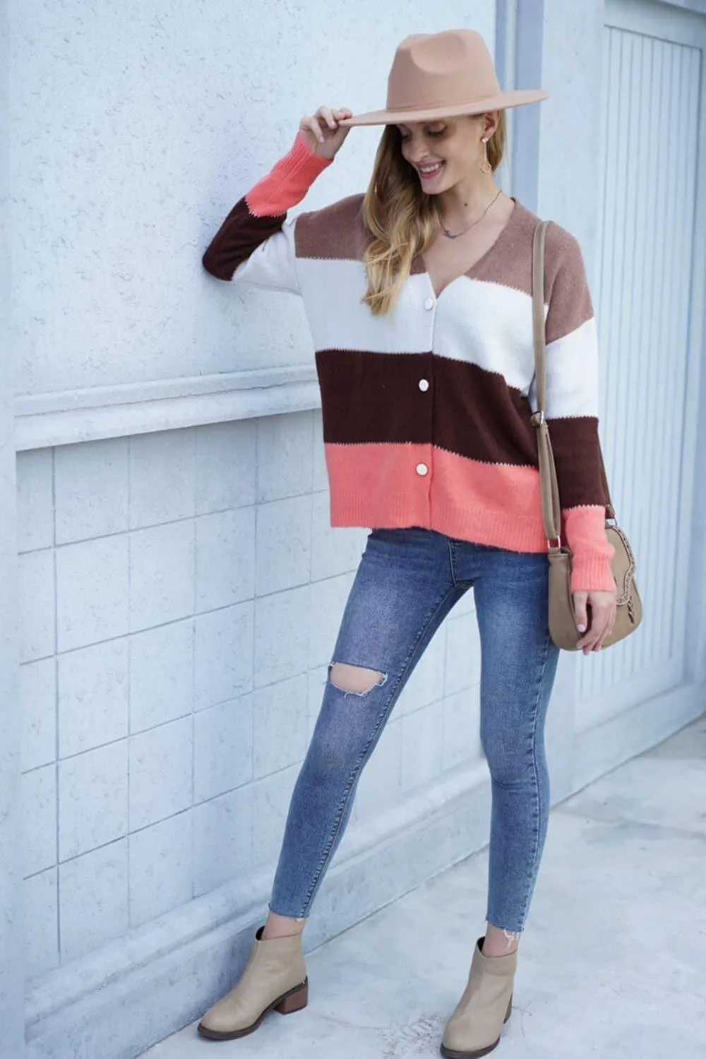 Color Block V-Neck Button Down Cardigan, Multiple Colors