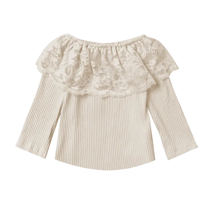 Cream Lace Neck Long Sleeve Shirt (2T-5T)
