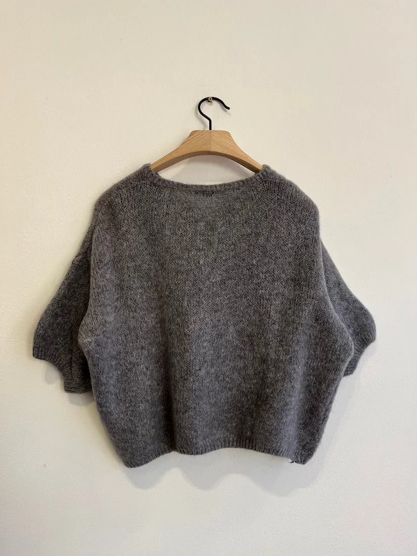 Cropped Sleeve Mohair Cardigan Grey