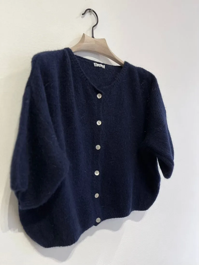 Cropped Sleeve Mohair Cardigan Navy