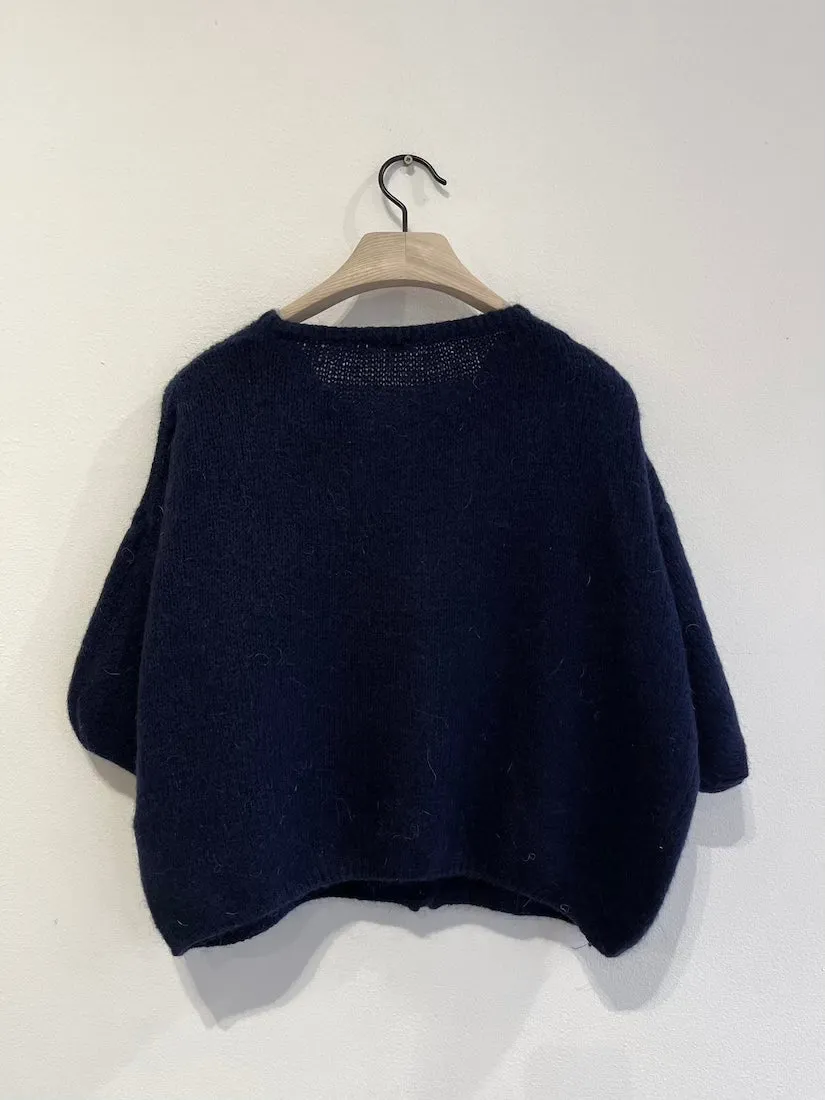 Cropped Sleeve Mohair Cardigan Navy