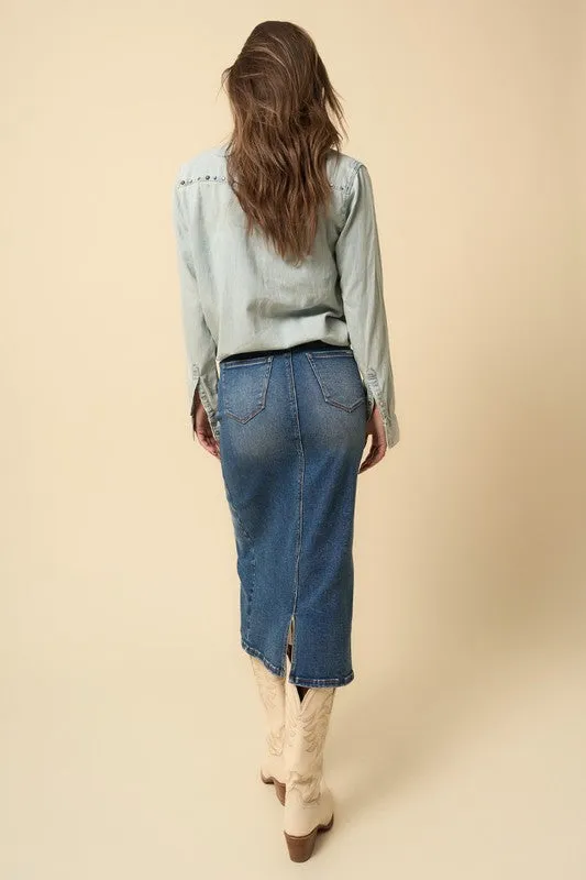 Crossover Midi Skirt in Dark Denim