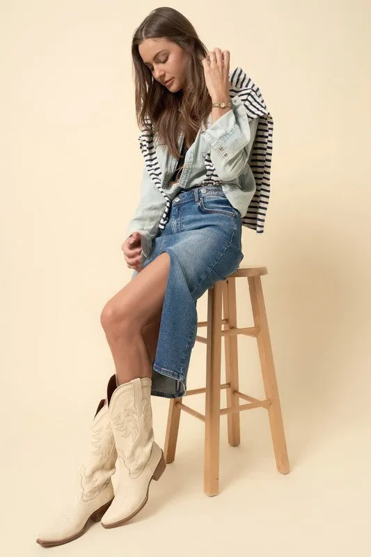 Crossover Midi Skirt in Dark Denim