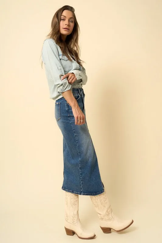 Crossover Midi Skirt in Dark Denim
