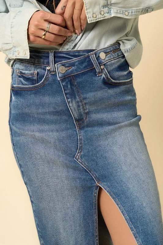 Crossover Midi Skirt in Dark Denim