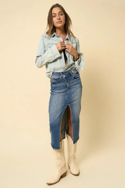 Crossover Midi Skirt in Dark Denim