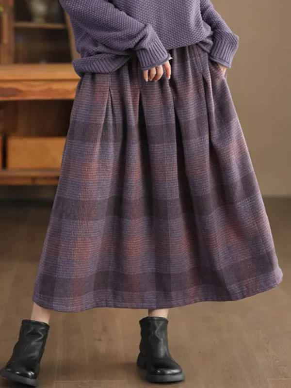 Elasticity Plaid Pleated A-Line Loose Skirts Bottoms