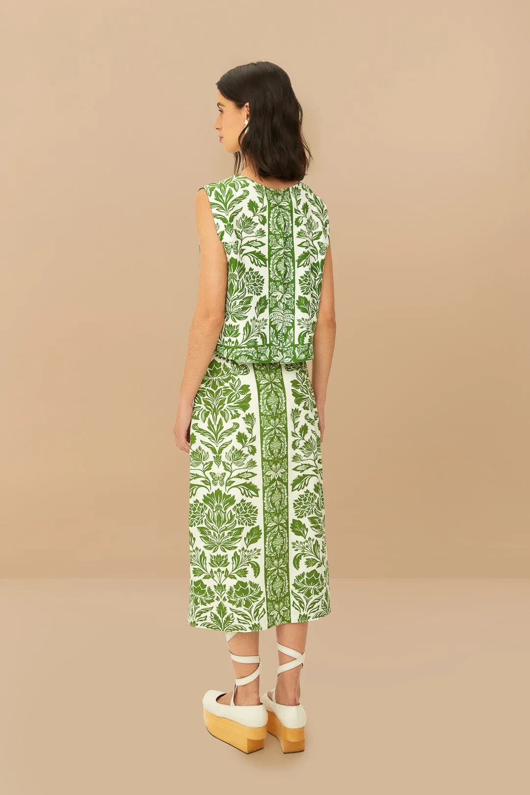 FARM RIO DELICATE TAPESTRY GREEN MIDI SKIRT