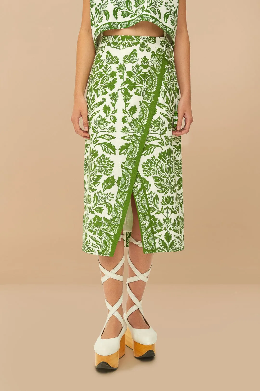FARM RIO DELICATE TAPESTRY GREEN MIDI SKIRT