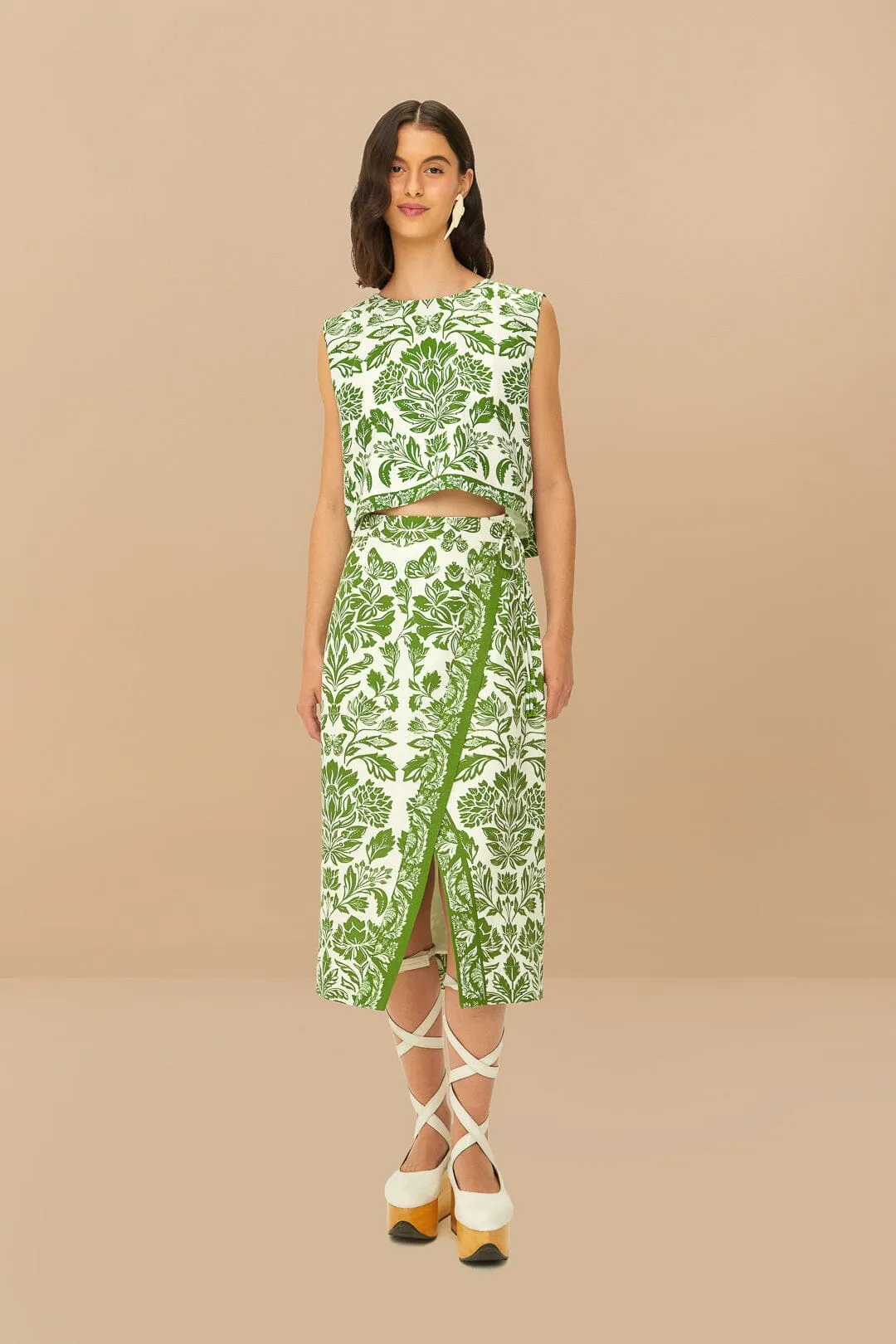 FARM RIO DELICATE TAPESTRY GREEN MIDI SKIRT