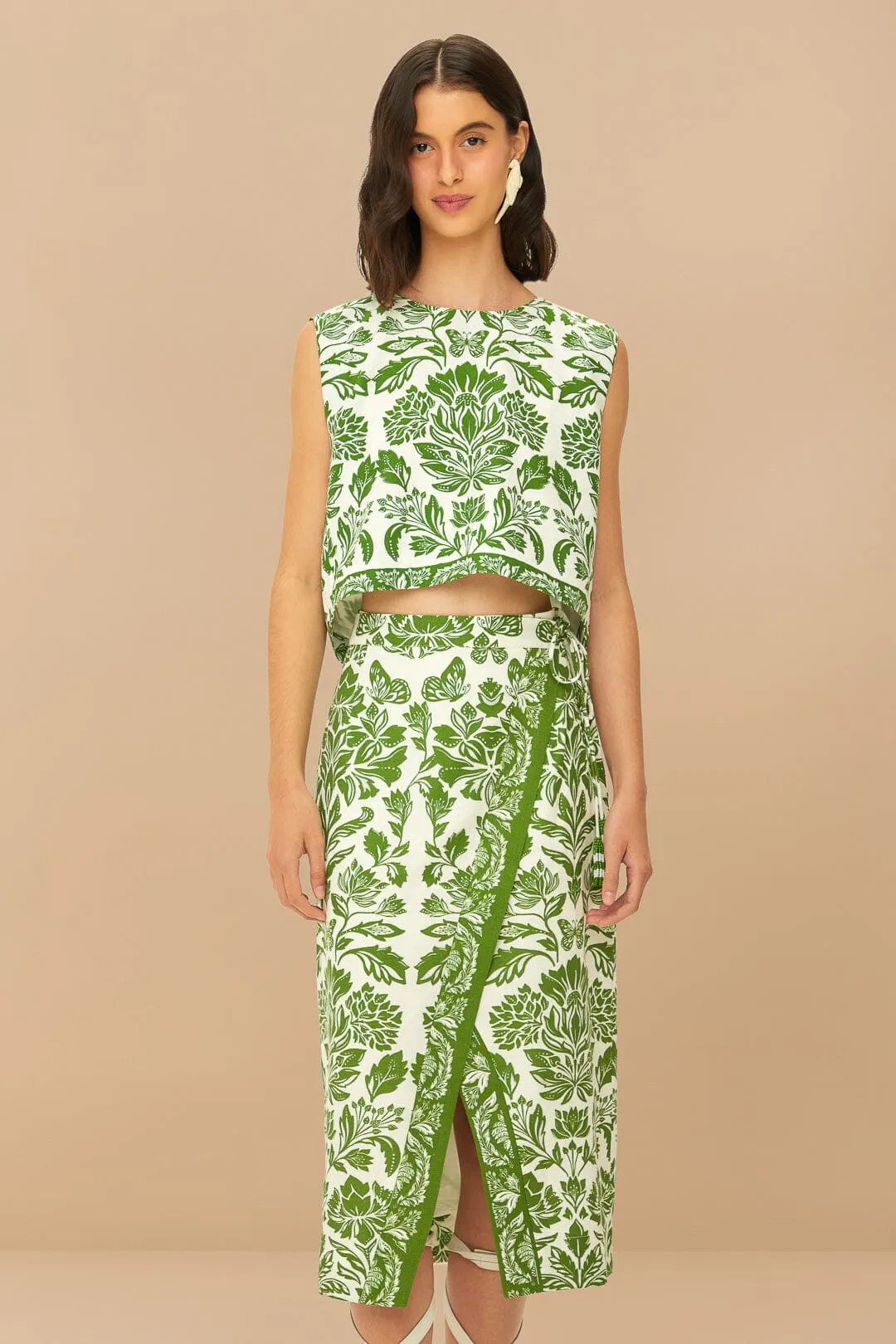 FARM RIO DELICATE TAPESTRY GREEN MIDI SKIRT