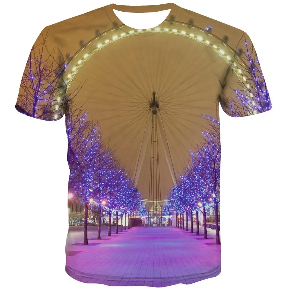 Ferris wheel street view purple lights t shirts Funny 3D t shirt festival Casual men Christmas art costume