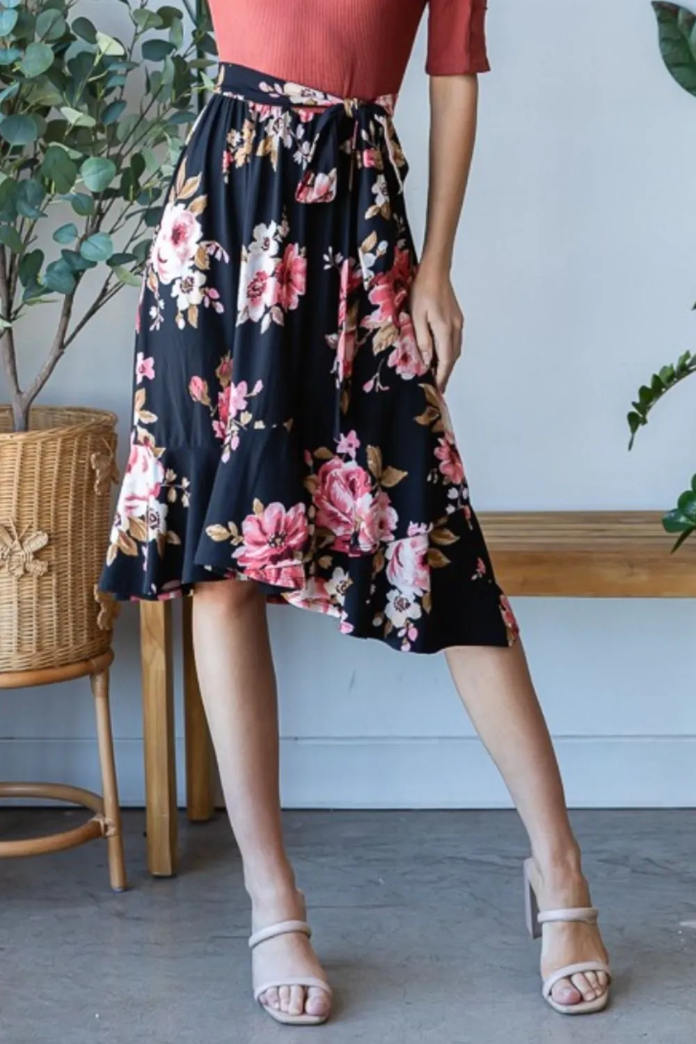 Floral Wrap Ruffle Hem Skirt in Rose